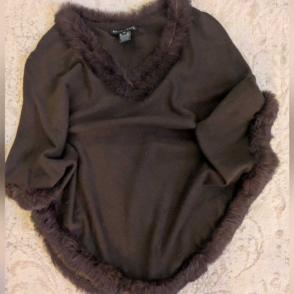 Women's Bette Sung Dark Brown Poncho with Faux Fur Trim